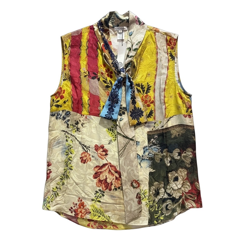 Oscar De La Renta Boho Patchwork Tie-Neck Sleeveless Blouse - Multicolor